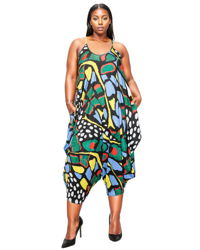 Front of a model wearing a size 22|24 Mezcal Butterfly Pocket Jumpsuit in Blue by L I V D. | dia_product_style_image_id:353309